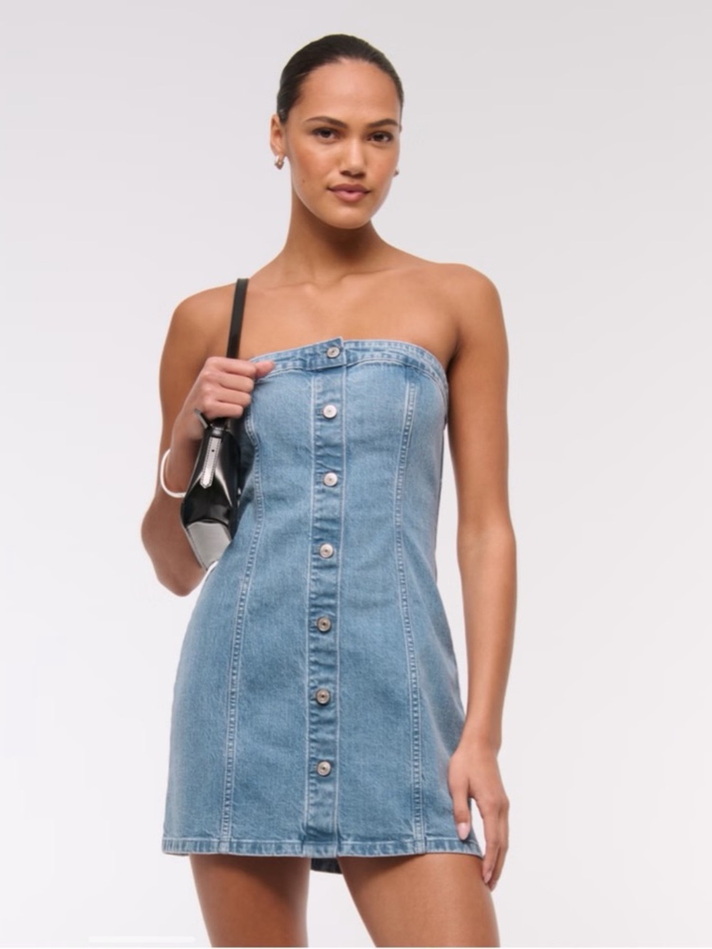 MESHKI - Strapless Front-Button Denim Mini Dress - Light Blue